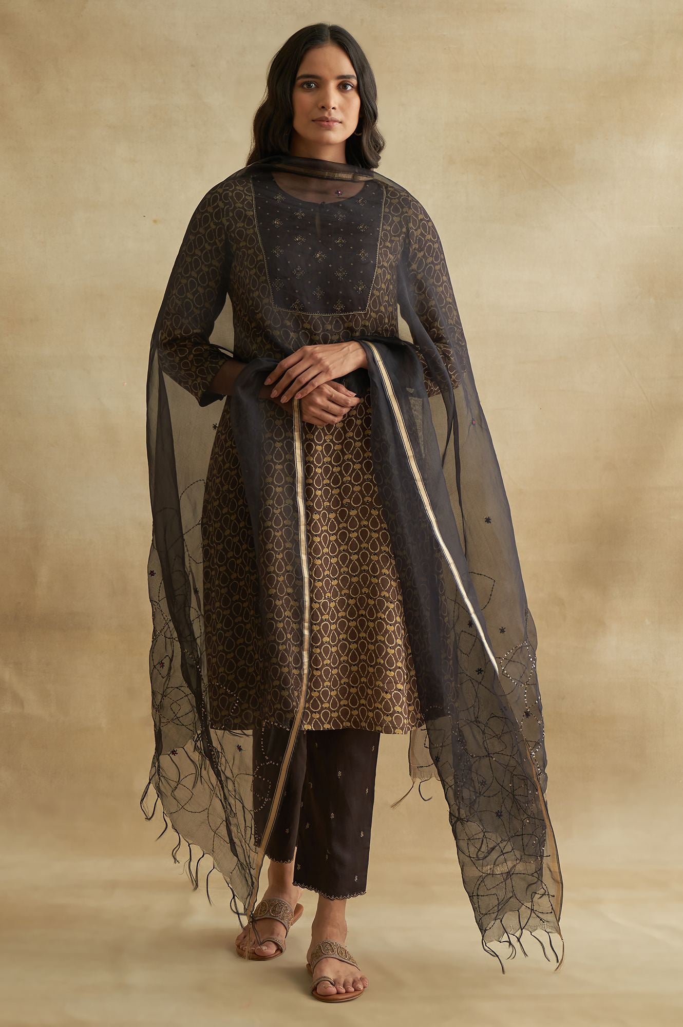 Brown Solid Embroidered Straight Cotton Pant