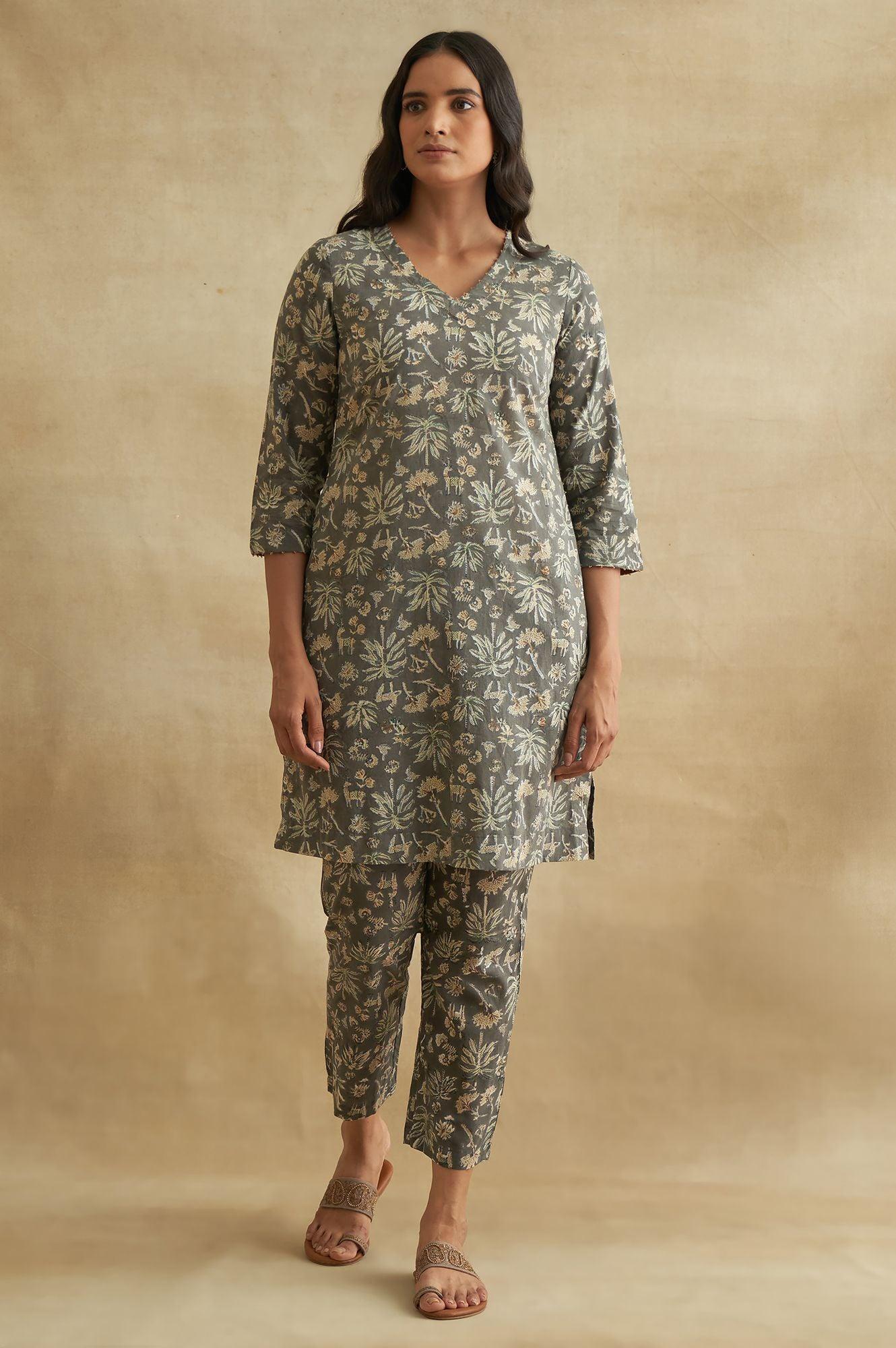 Dark Grey Handblock Print Straight Pants - wforwoman