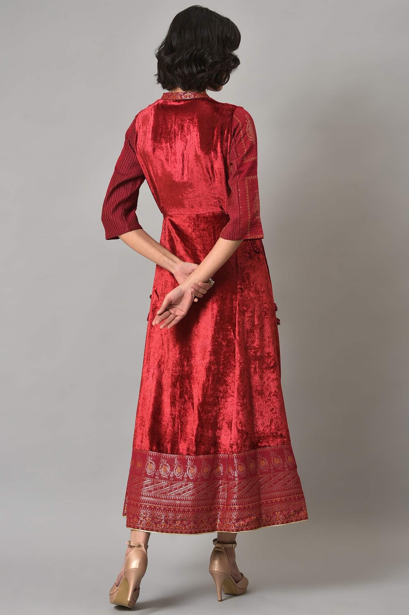 Dark Red Velvet Festive Dress With Sequin Work - wforwoman