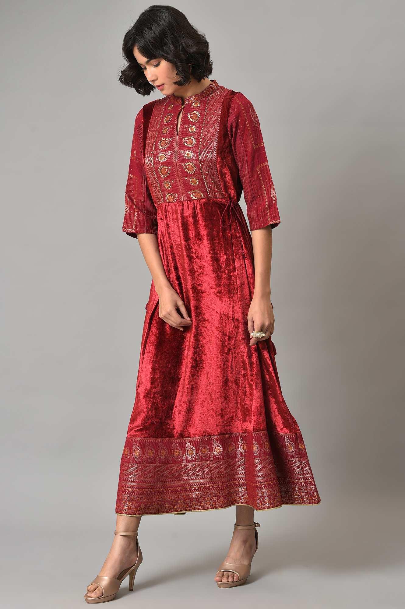 Dark Red Velvet Festive Dress With Sequin Work - wforwoman