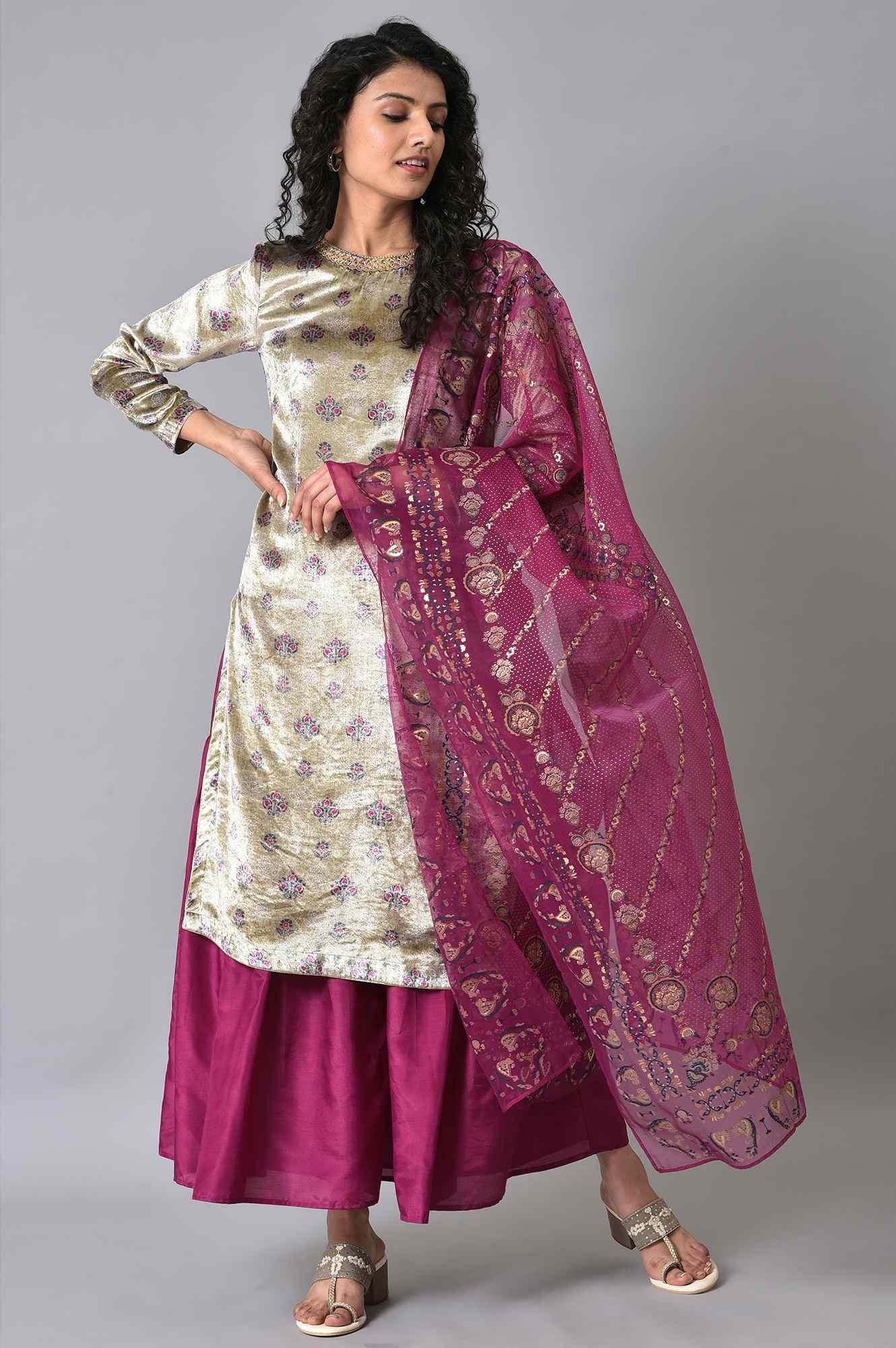 Grey Velvet Short kurta Sharara Set - wforwoman