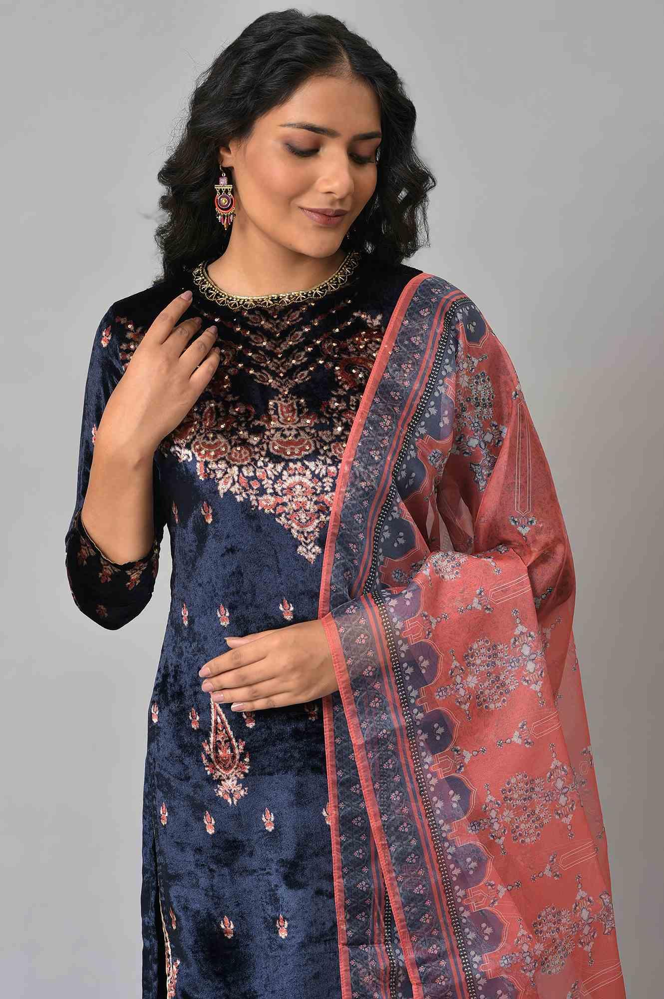 Dark Blue Festive Velvet kurta With Shantung Sharara And Coral Dupatta - wforwoman