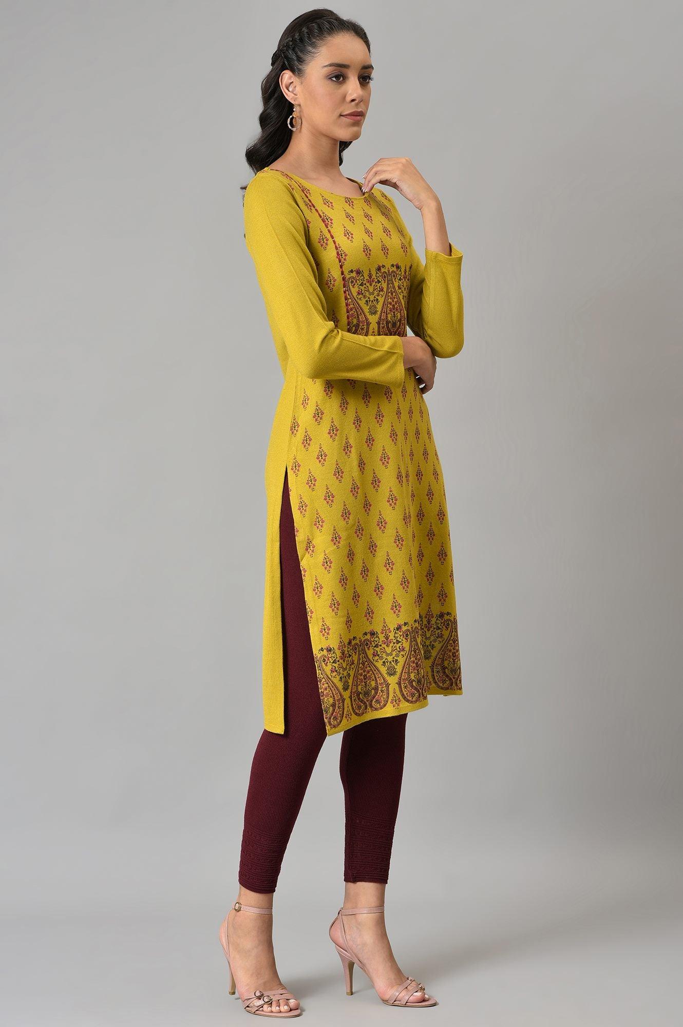 Green Paisley Print Festive Winter kurta - wforwoman