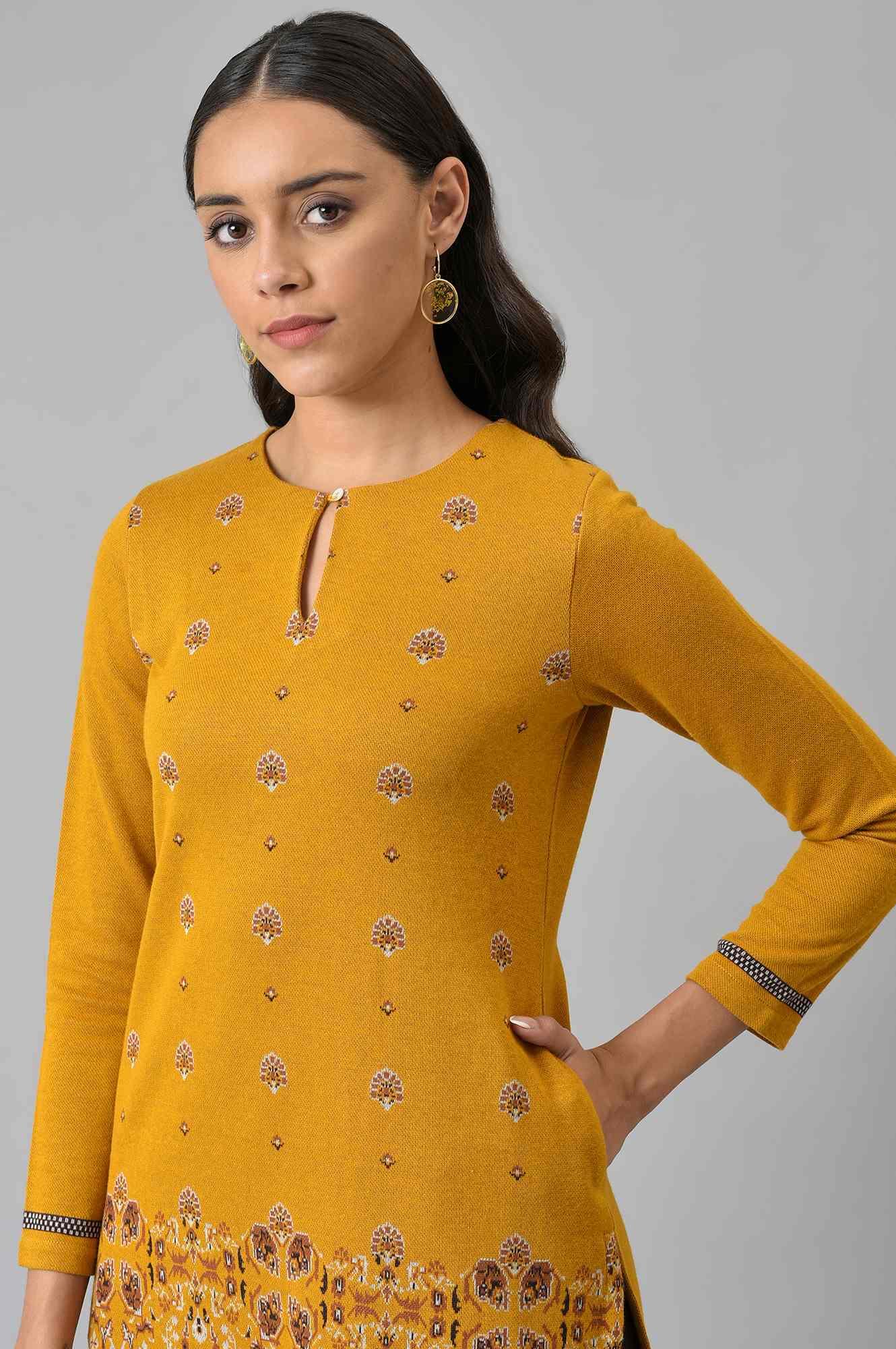Dark Yellow Geometric Print Winter kurta - wforwoman