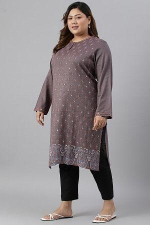 Purple Paisley Printed Plus Size Winter kurta - wforwoman