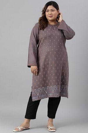 Purple Paisley Printed Plus Size Winter kurta - wforwoman