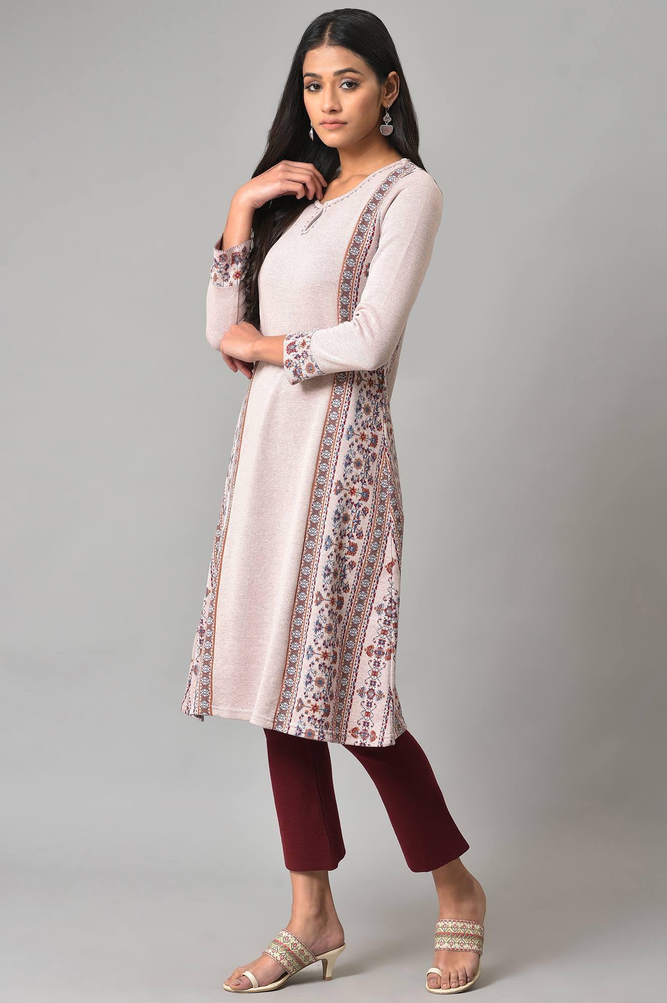 Pink Panelled A-Line Winter kurta - wforwoman