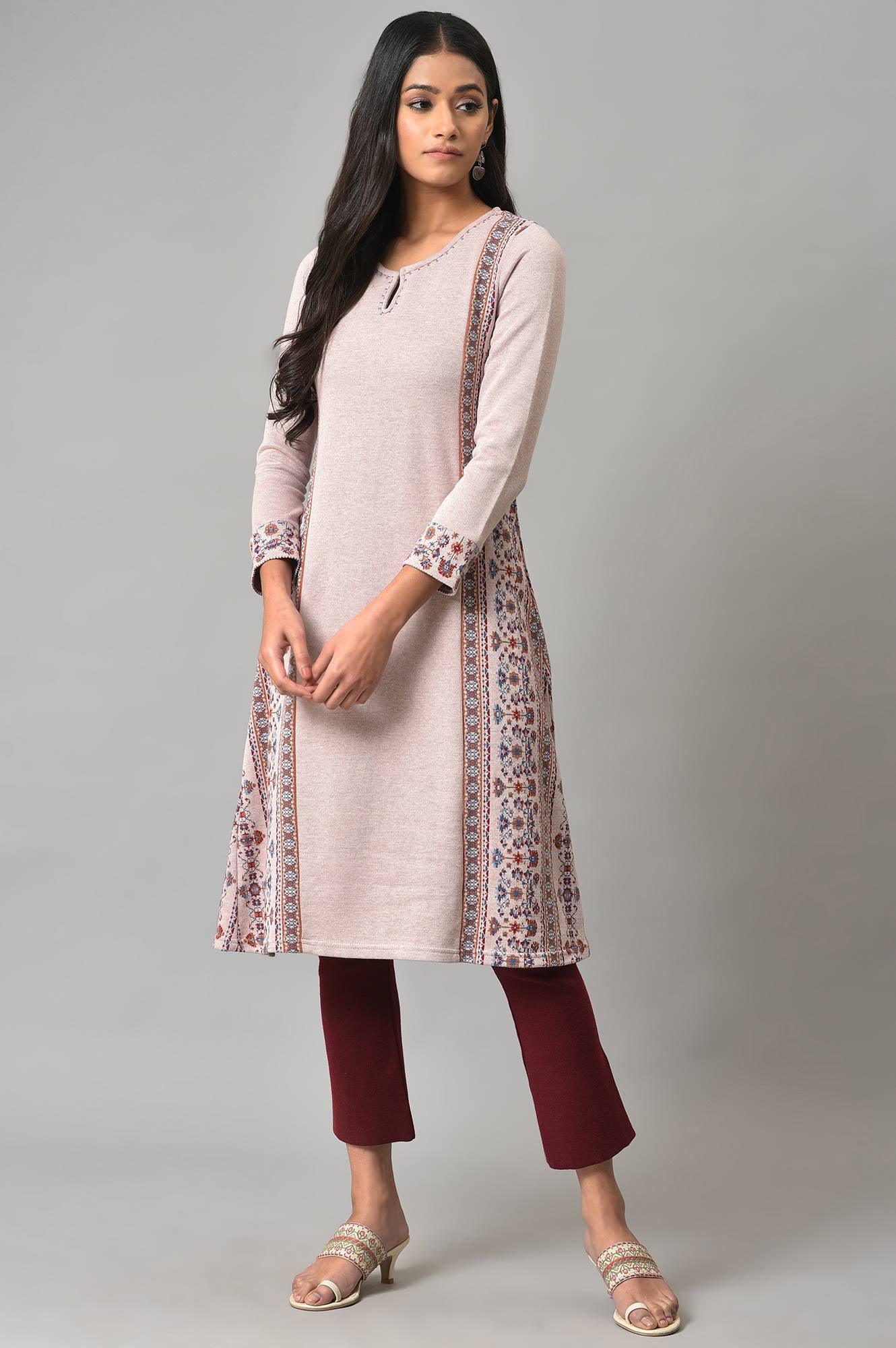 Pink Panelled A-Line Winter kurta - wforwoman