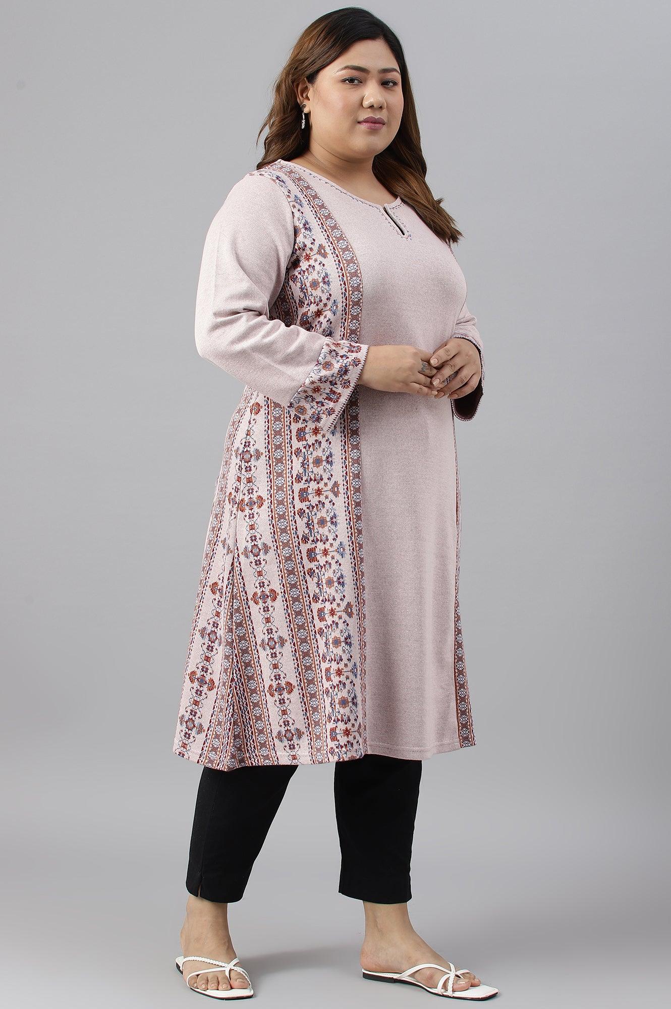 Pink Panelled A-Line Plus Size Winter kurta - wforwoman