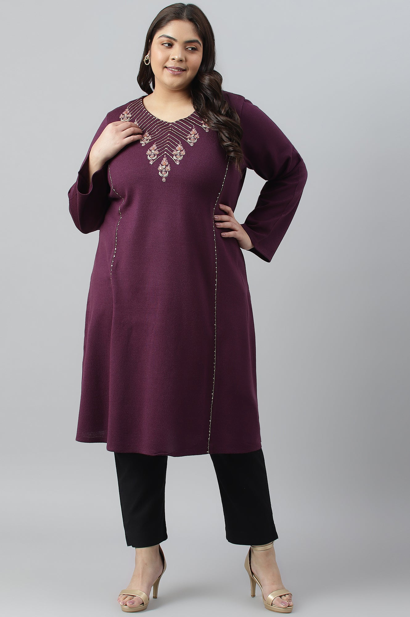 Purple A-Line Embroidered Plus Size Winter kurta