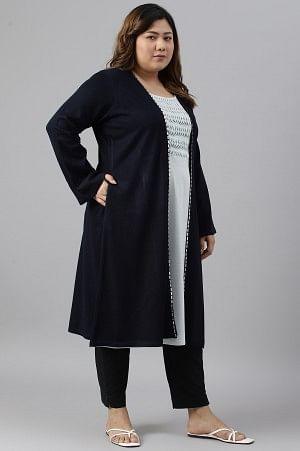 Plus Size Blue Mock Jacket Winter Dress With Sequins Edge - wforwoman