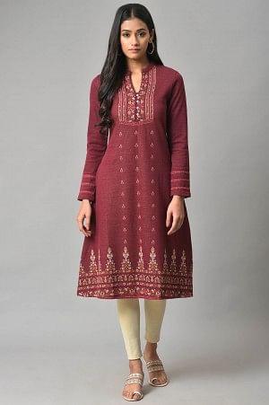 Dark Pink Floral Jacquard Winter Plus Size kurta - wforwoman