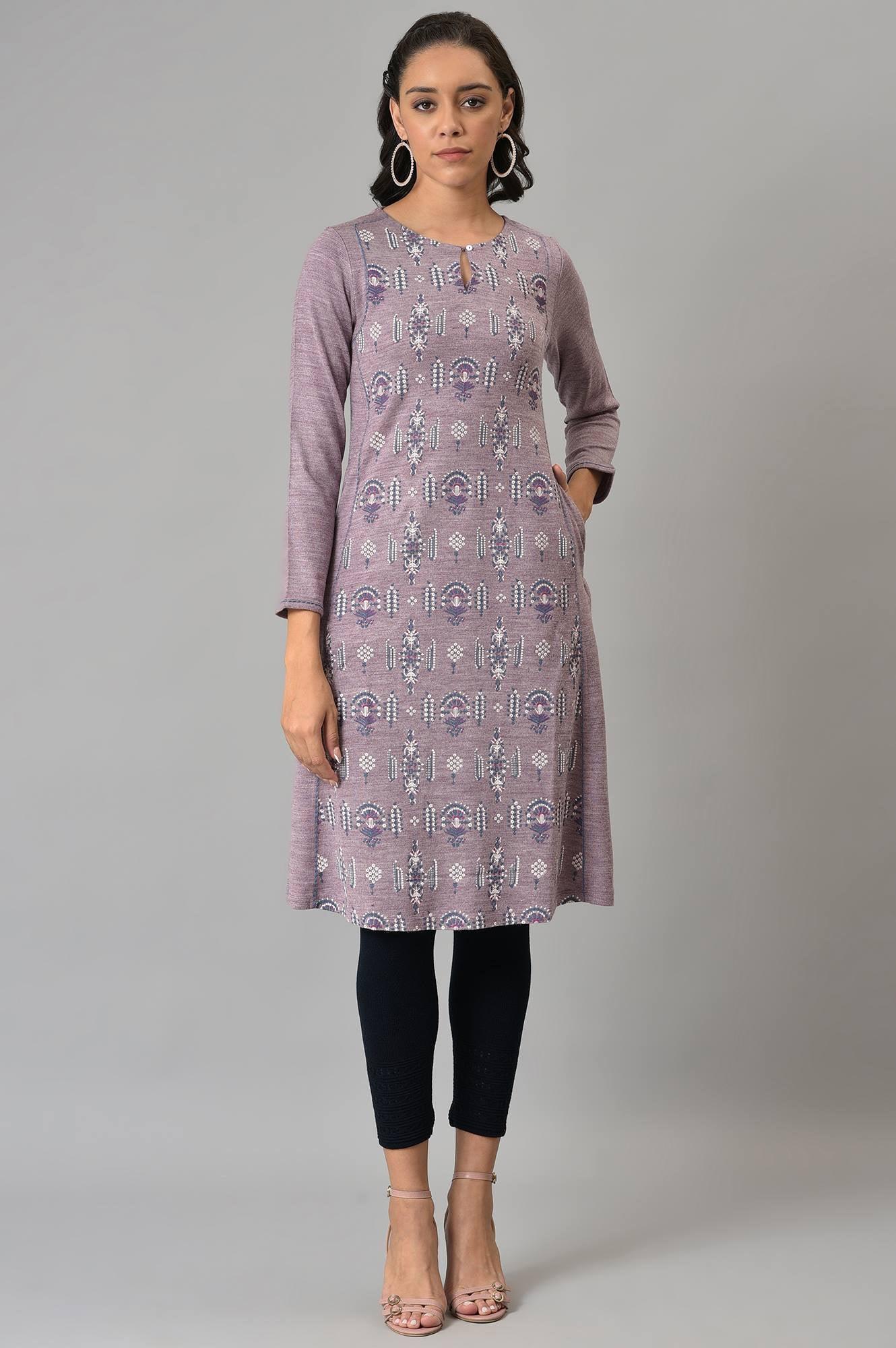 Purple A-Line Floral Printed Plus Size Winter Kurta - wforwoman