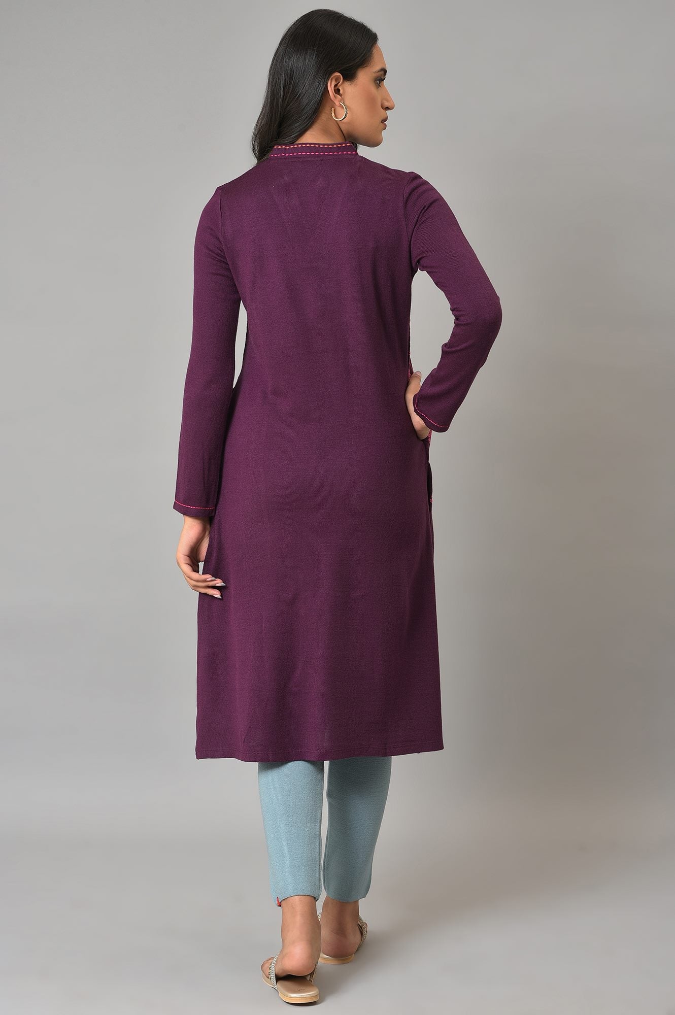Purple A-Line Embroidered Winter kurta
