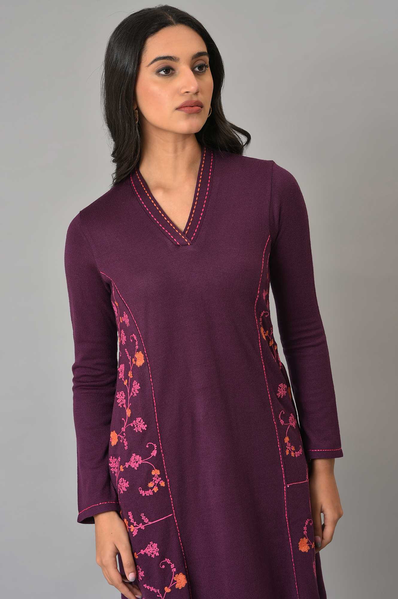 Purple A-Line Embroidered Winter kurta