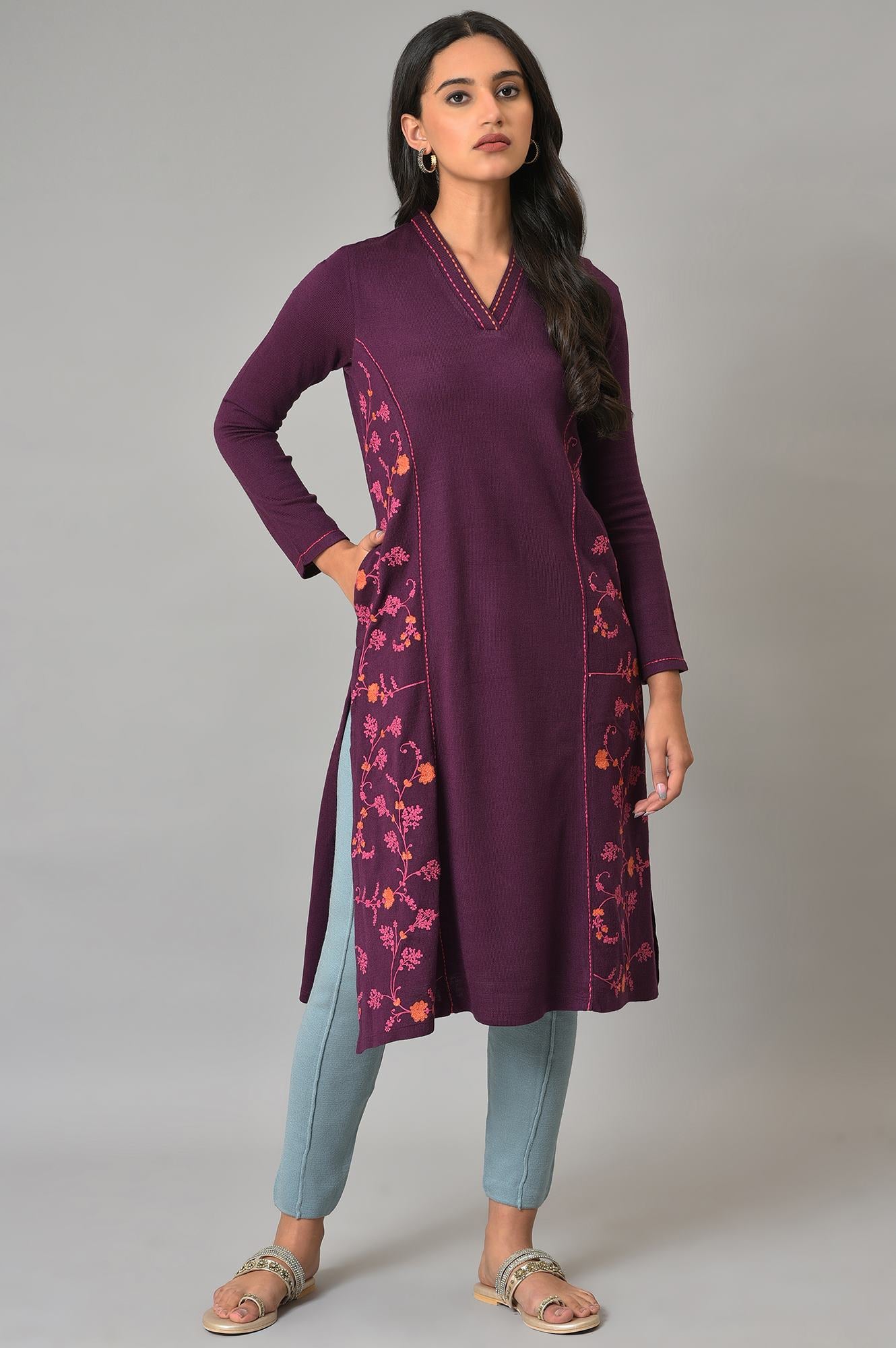 Purple A-Line Embroidered Winter kurta