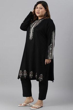 Black Floral Printed Straight Winter Plus Size kurta - wforwoman