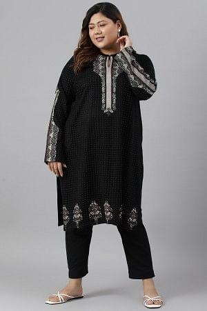 Black Floral Printed Straight Winter Plus Size kurta - wforwoman