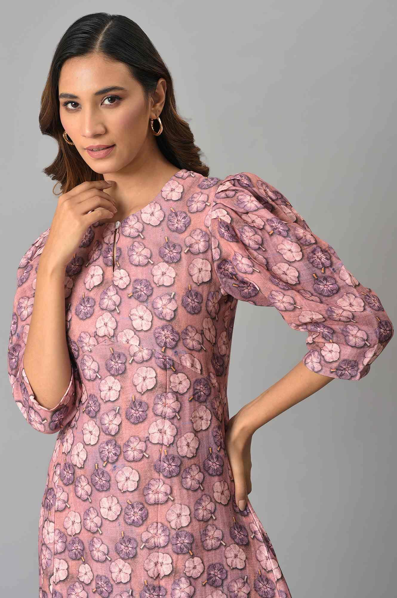Pink Floral Printed Vaccy Dress - wforwoman