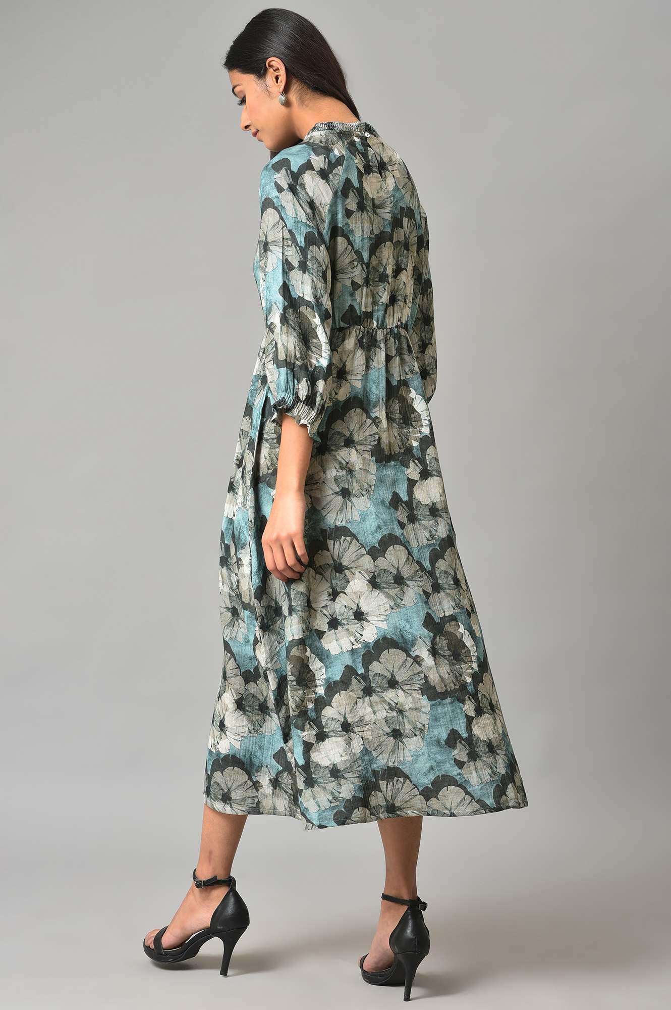 Blue A-Line Prined Smocked Western Dress - wforwoman