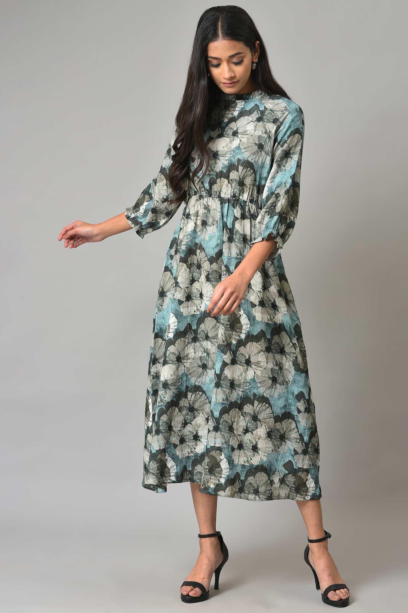 Blue A-Line Prined Smocked Western Dress - wforwoman