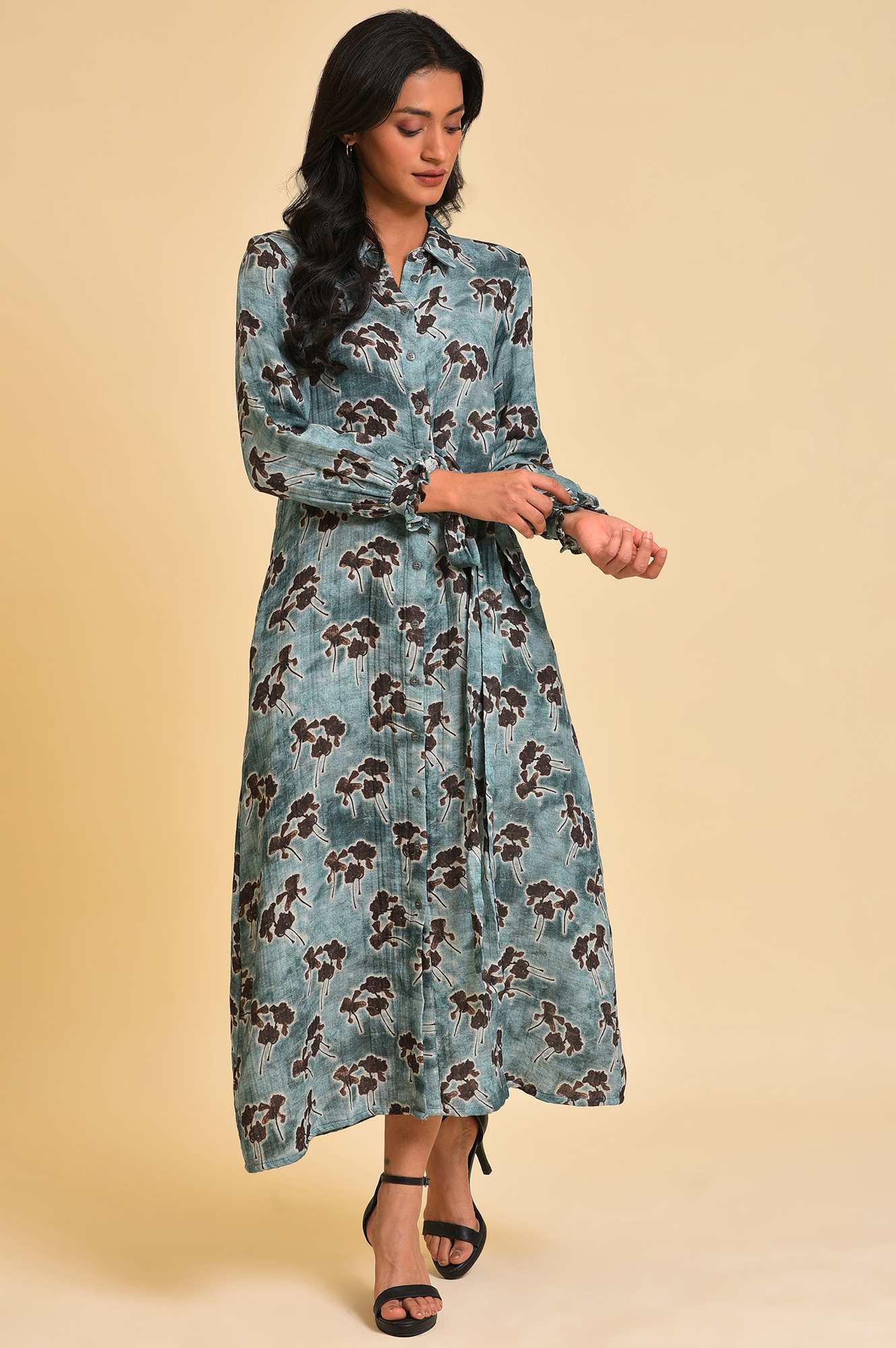Blue Floral Printed Western Full Length Dress - wforwoman