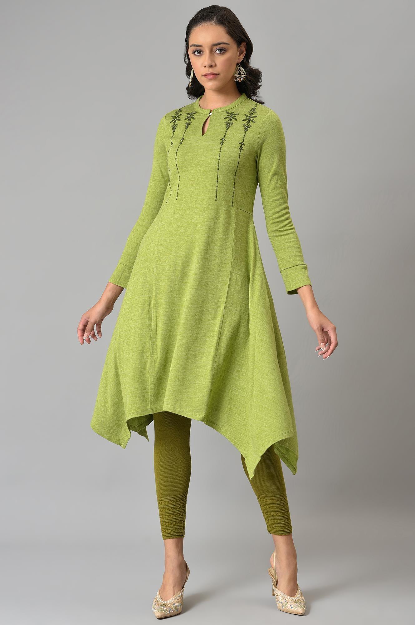 Green A-Line Embroidered Winter kurta - wforwoman