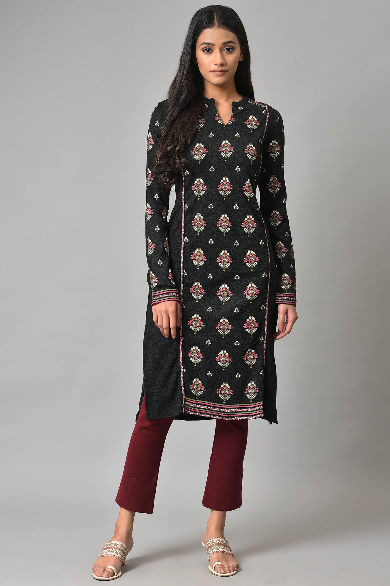 Black Floral Printed Winter kurta - wforwoman