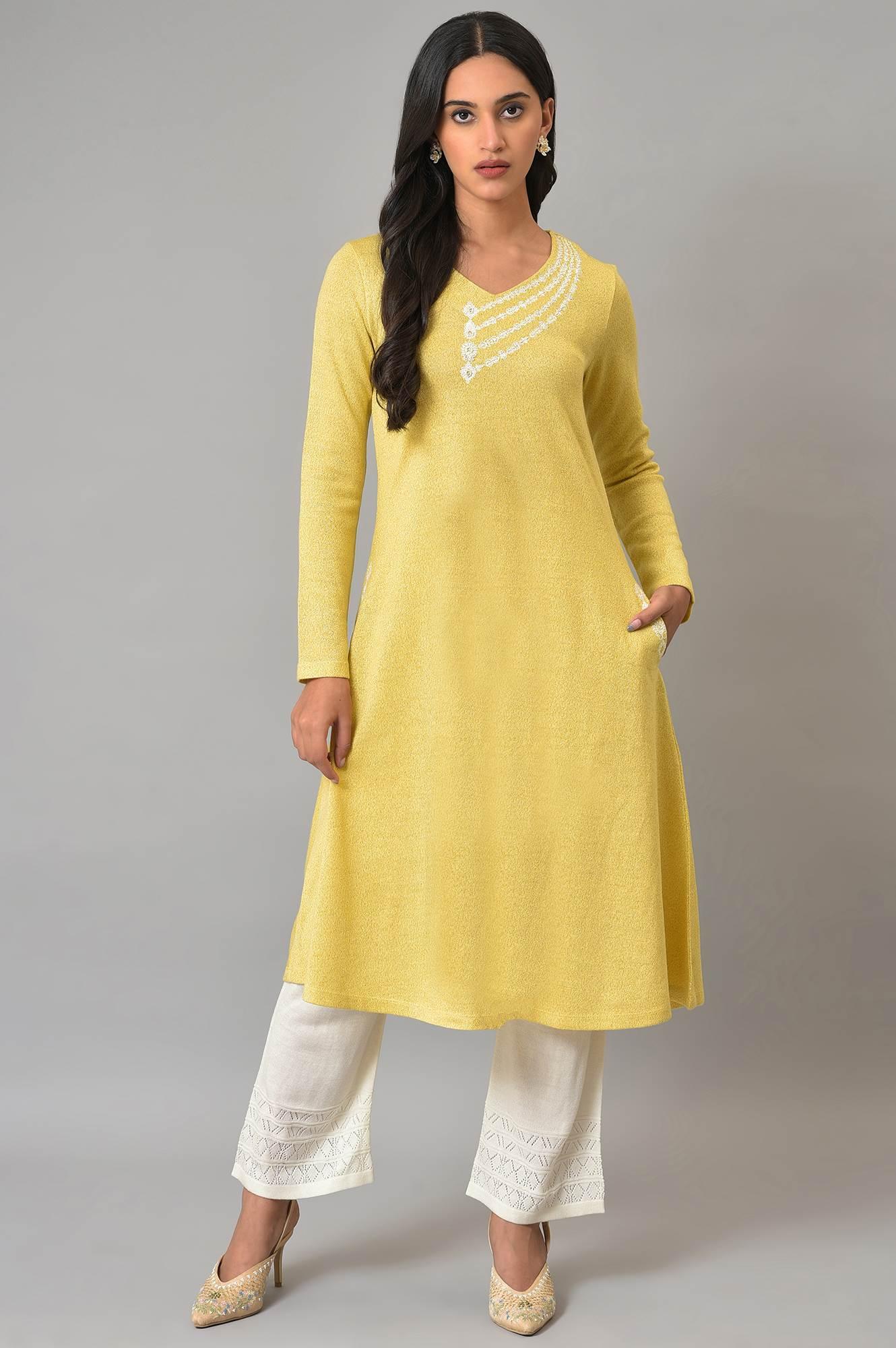 Lemon Yellow Embroidered A-Line Winter kurta - wforwoman