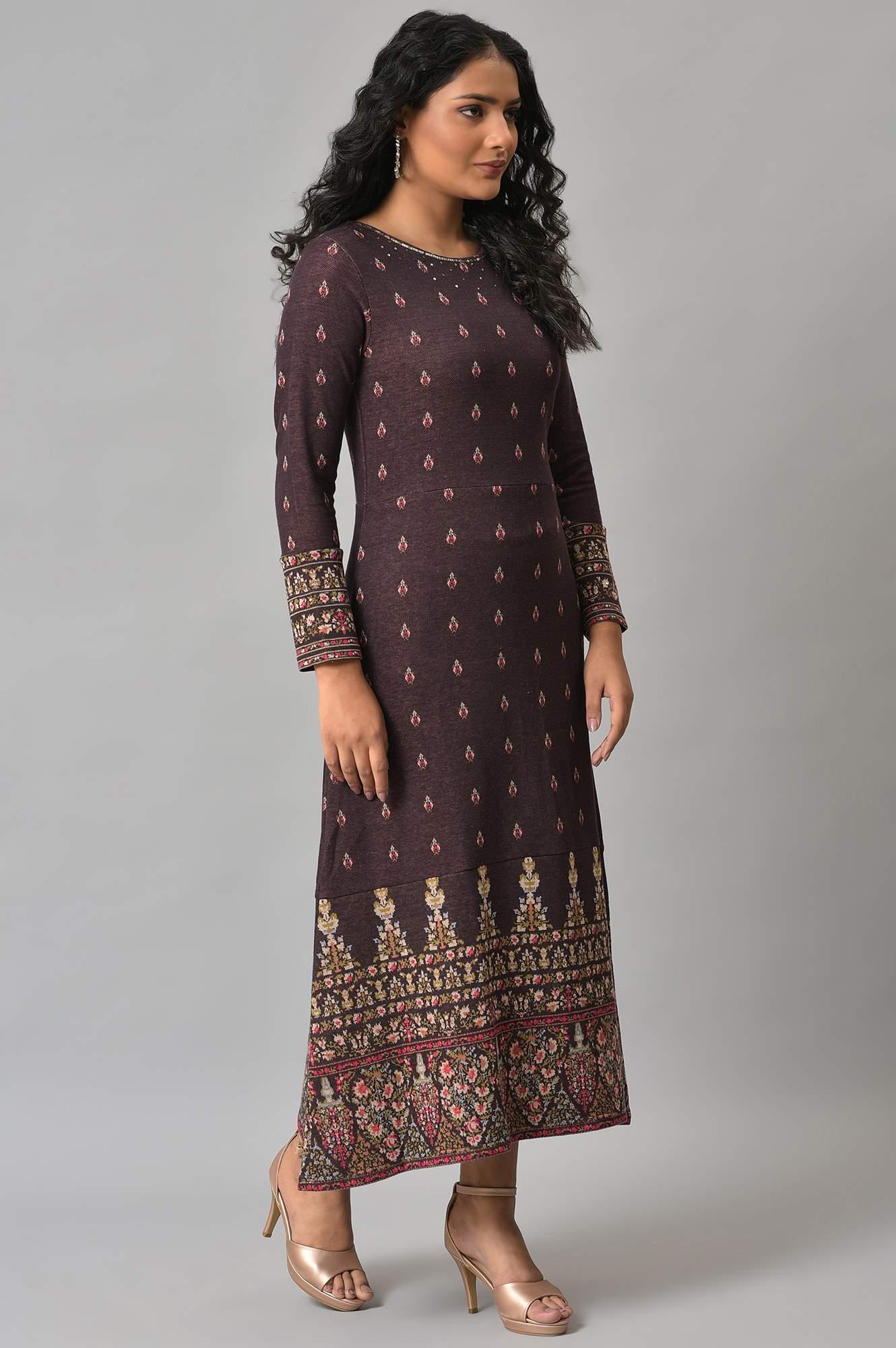 Plus Size Purple Jacquard Sequin Winter Dress - wforwoman