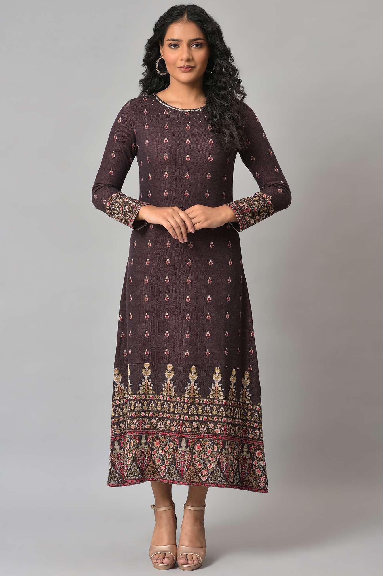 Plus Size Purple Jacquard Sequin Winter Dress - wforwoman