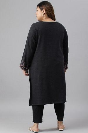 Plus Size Black Jacquard Winter kurta - wforwoman