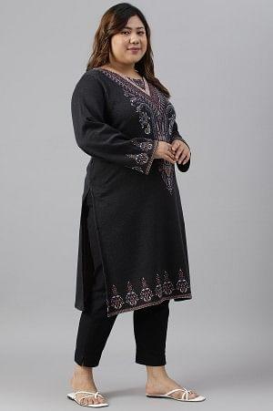 Plus Size Black Jacquard Winter kurta - wforwoman