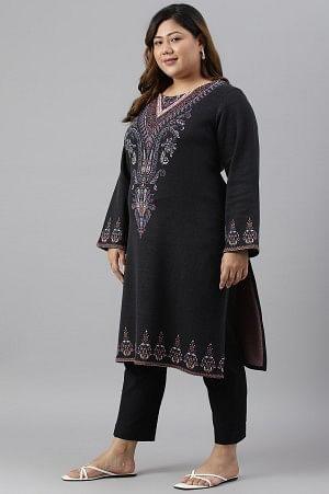 Plus Size Black Jacquard Winter kurta - wforwoman