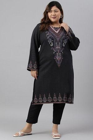 Plus Size Black Jacquard Winter kurta - wforwoman