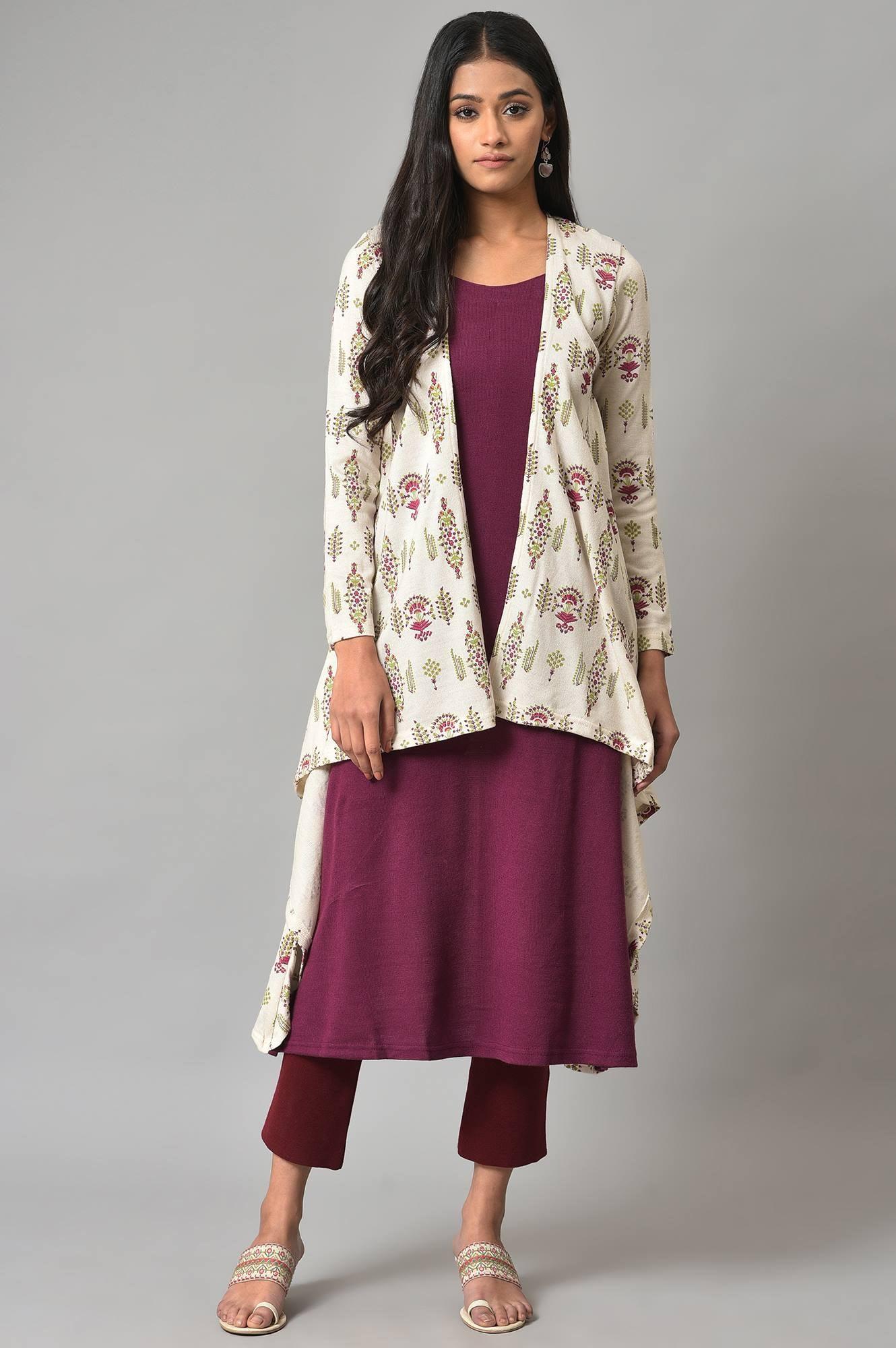 Ecru And Plum Mock Jacket Winter Dress - wforwoman