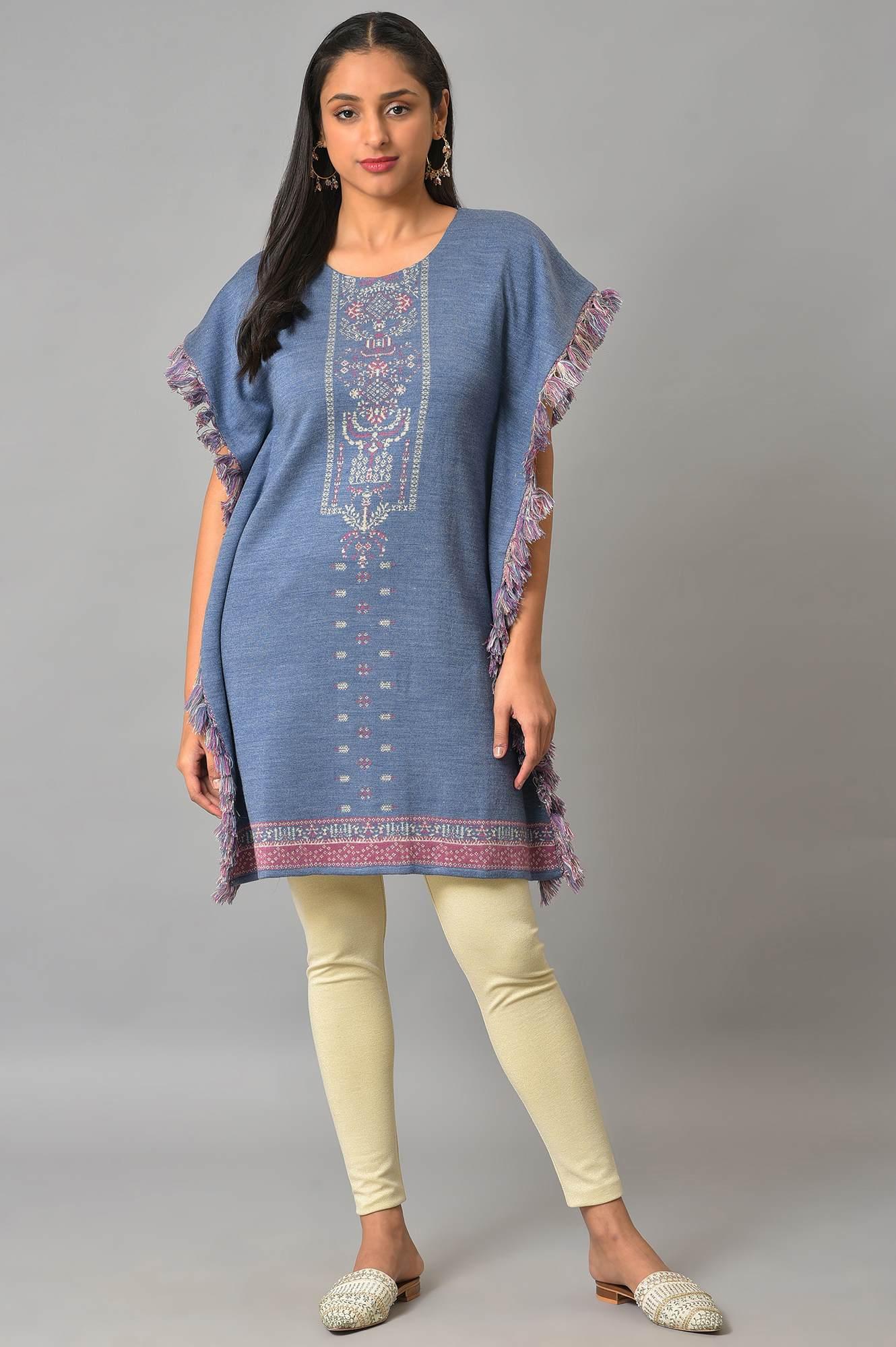 Blue Jacquard Short Winter Kaftan kurta - wforwoman
