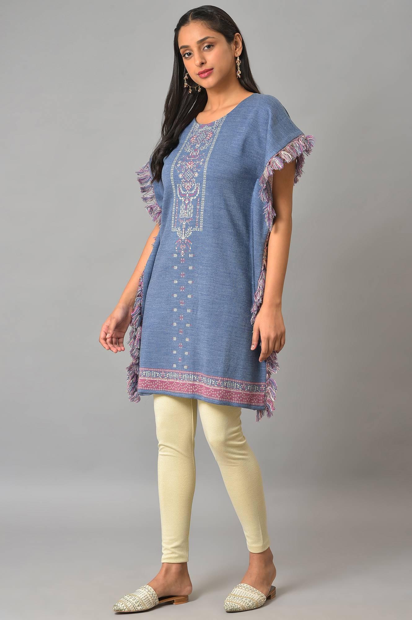 Blue Jacquard Short Winter Kaftan kurta - wforwoman