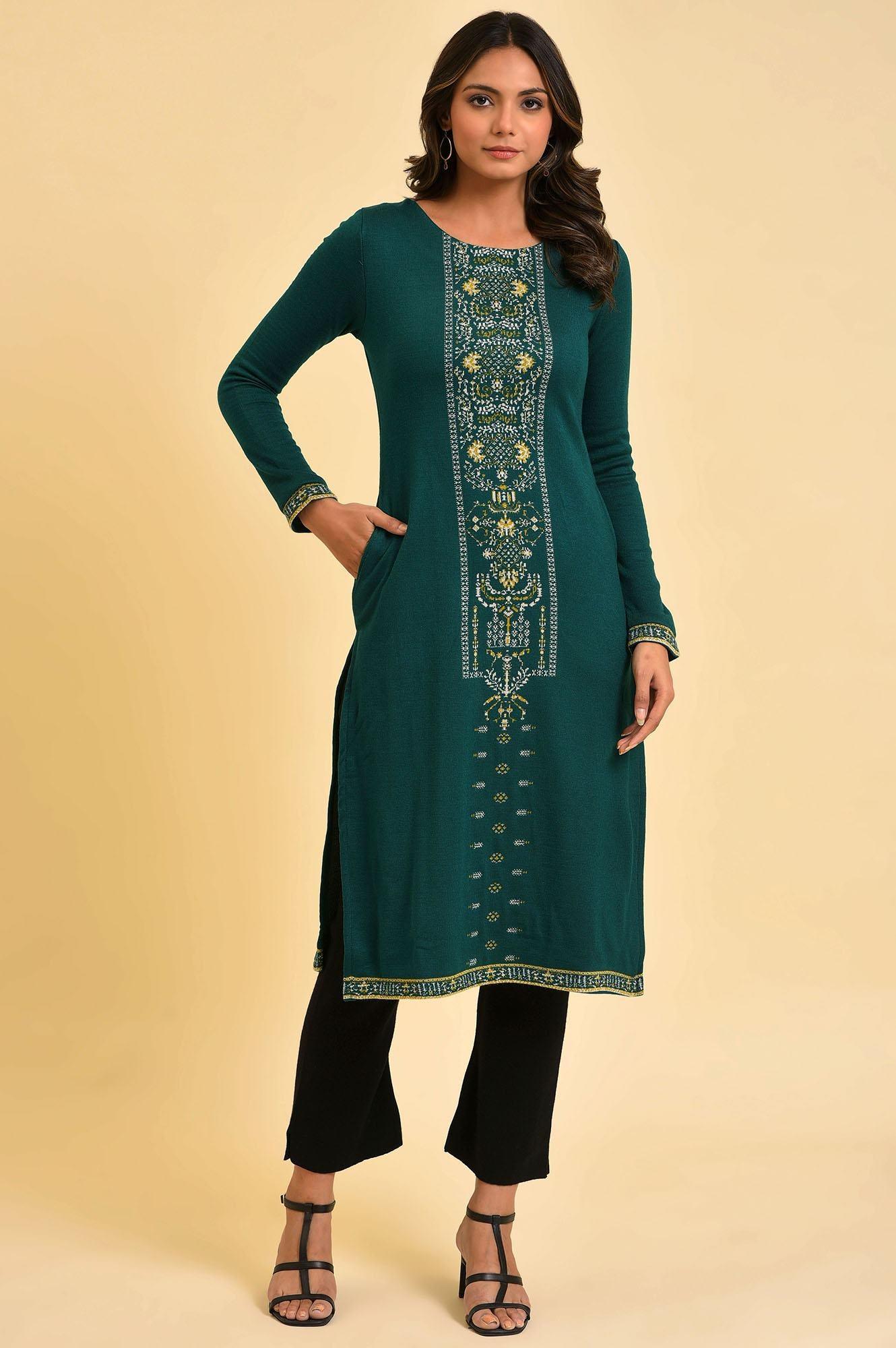 Green Straight Printed Winter kurta - wforwoman