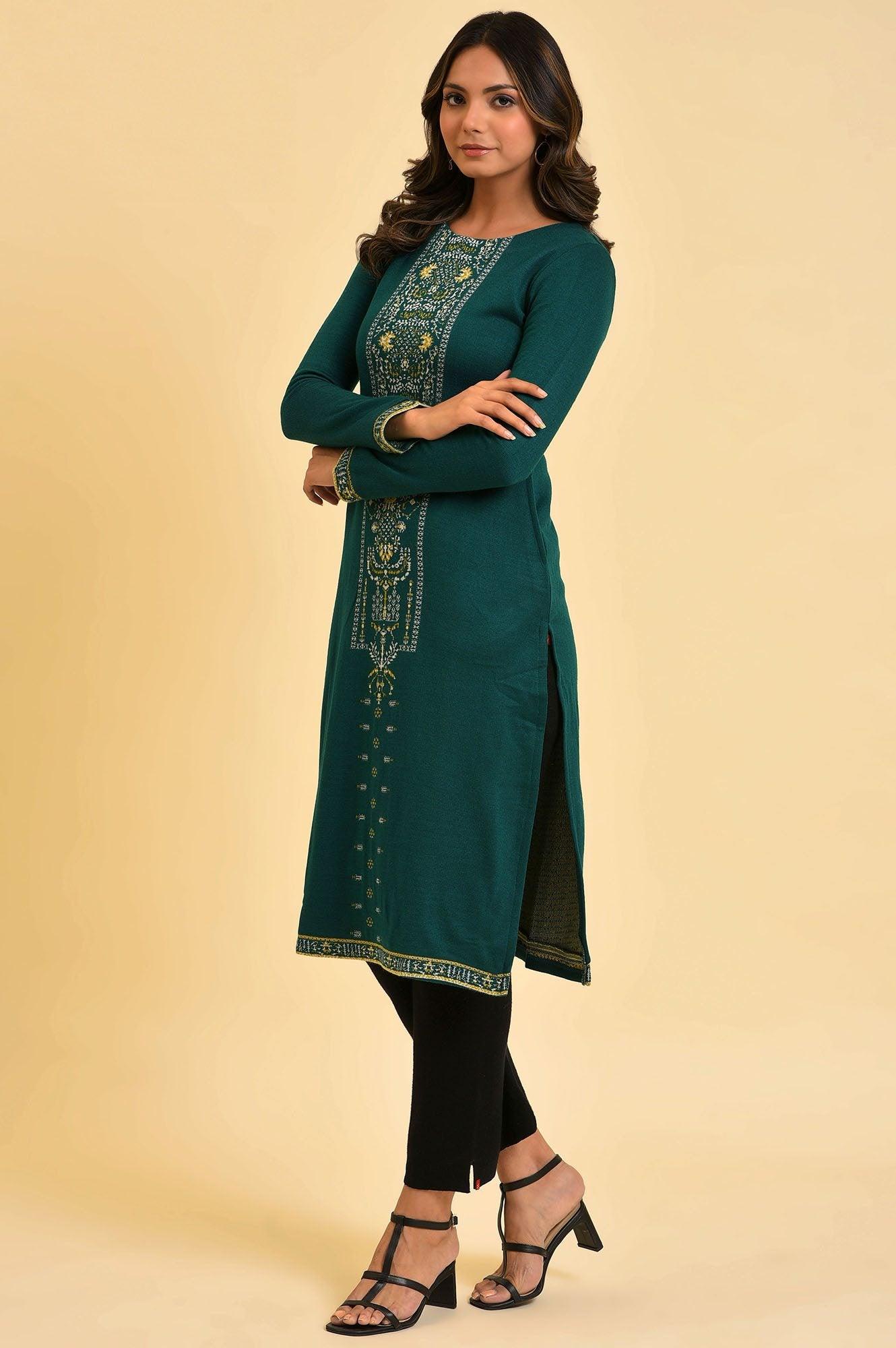 Green Straight Printed Winter kurta - wforwoman