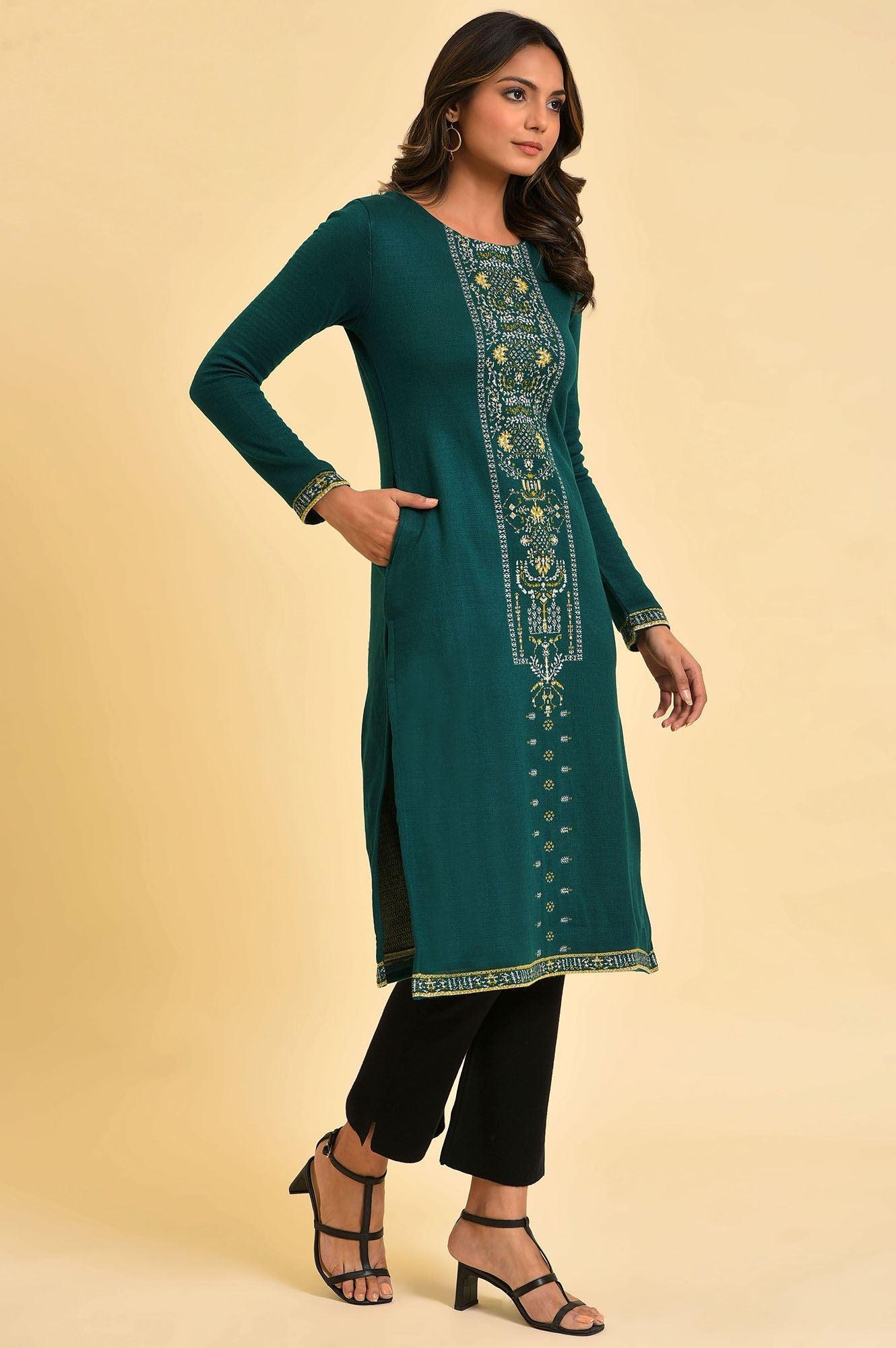 Green Straight Printed Winter kurta - wforwoman