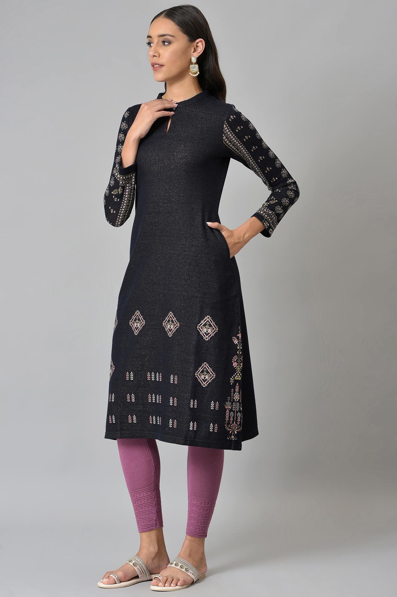 Blue A-Line Jacquard Winter kurta - wforwoman
