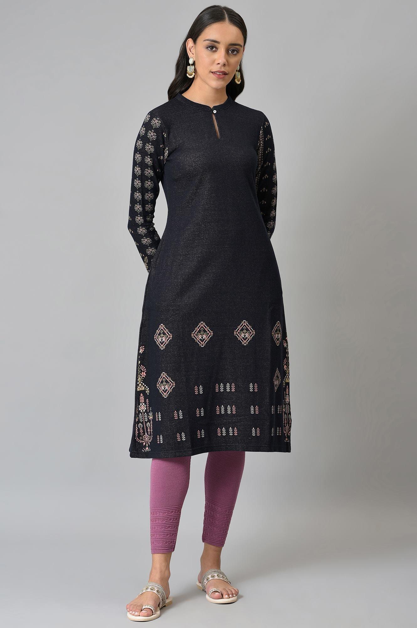 Blue A-Line Jacquard Winter kurta - wforwoman