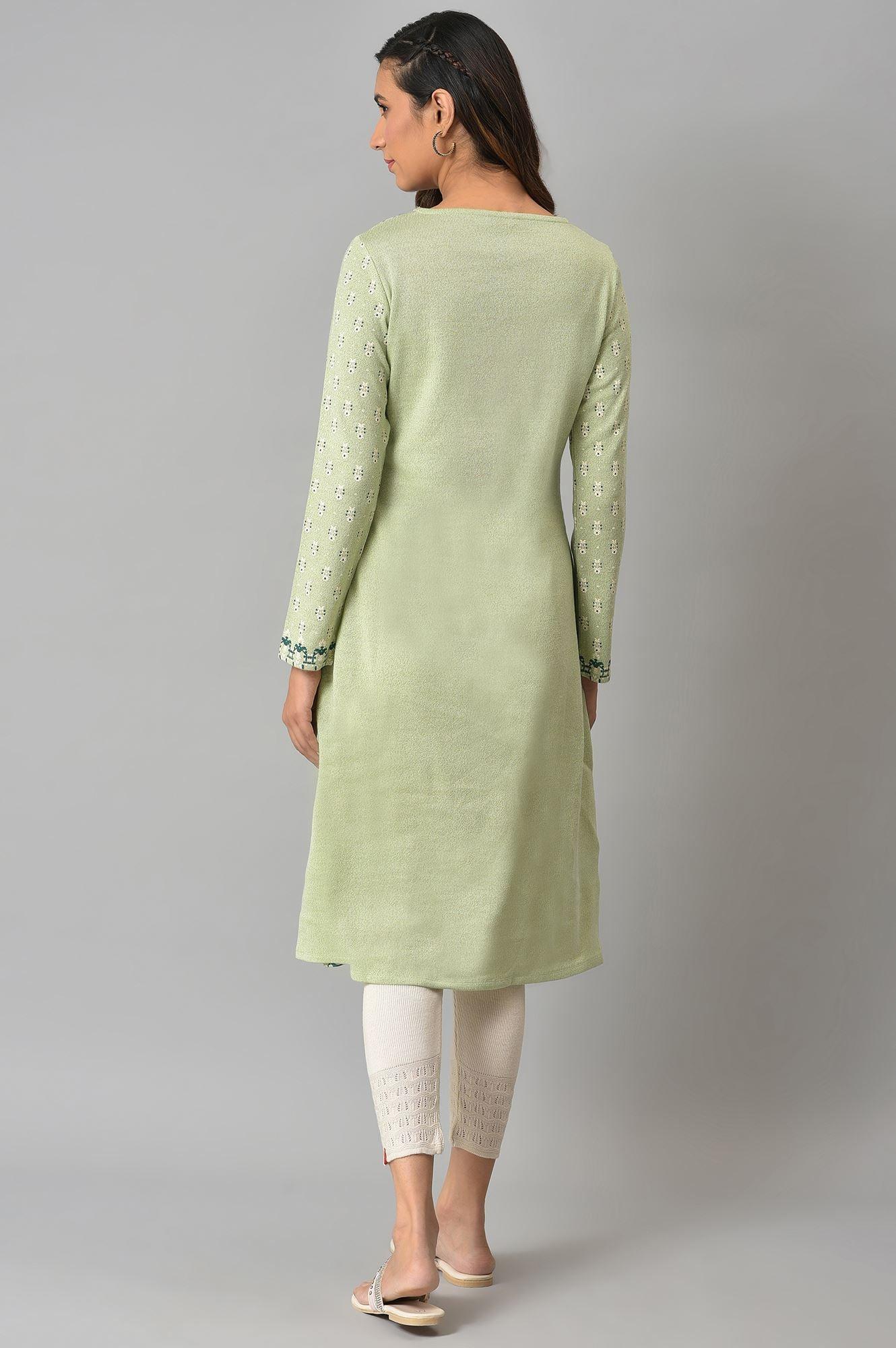 Light Green A-Line Floral Printed Winter kurta - wforwoman