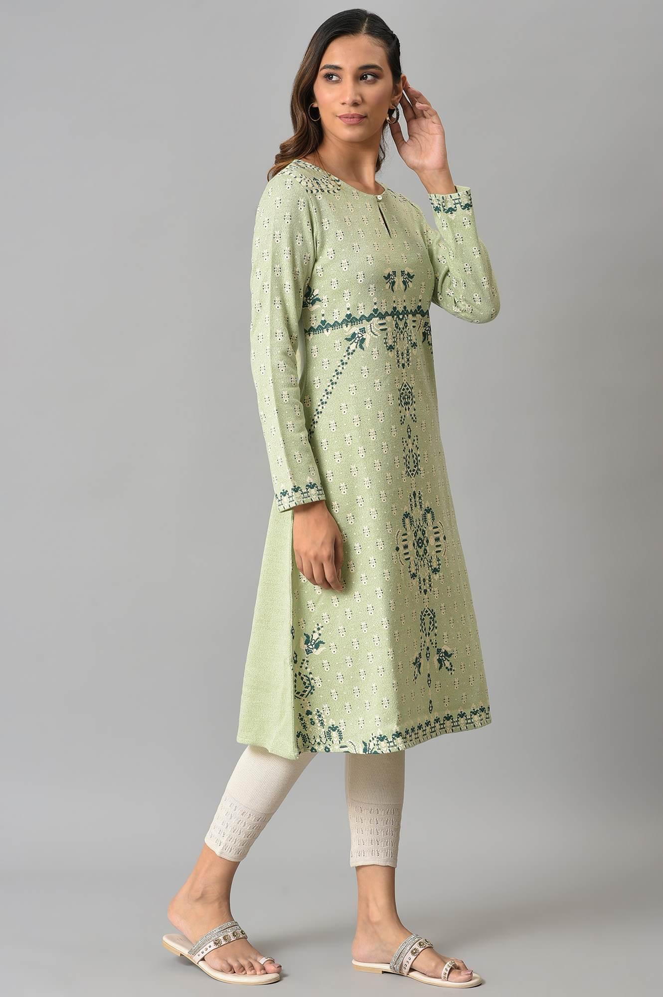 Light Green A-Line Floral Printed Winter kurta - wforwoman