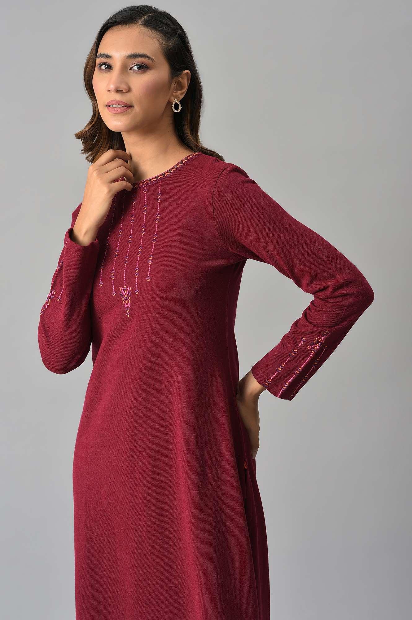 Dark Red Embroidered Winter kurta - wforwoman