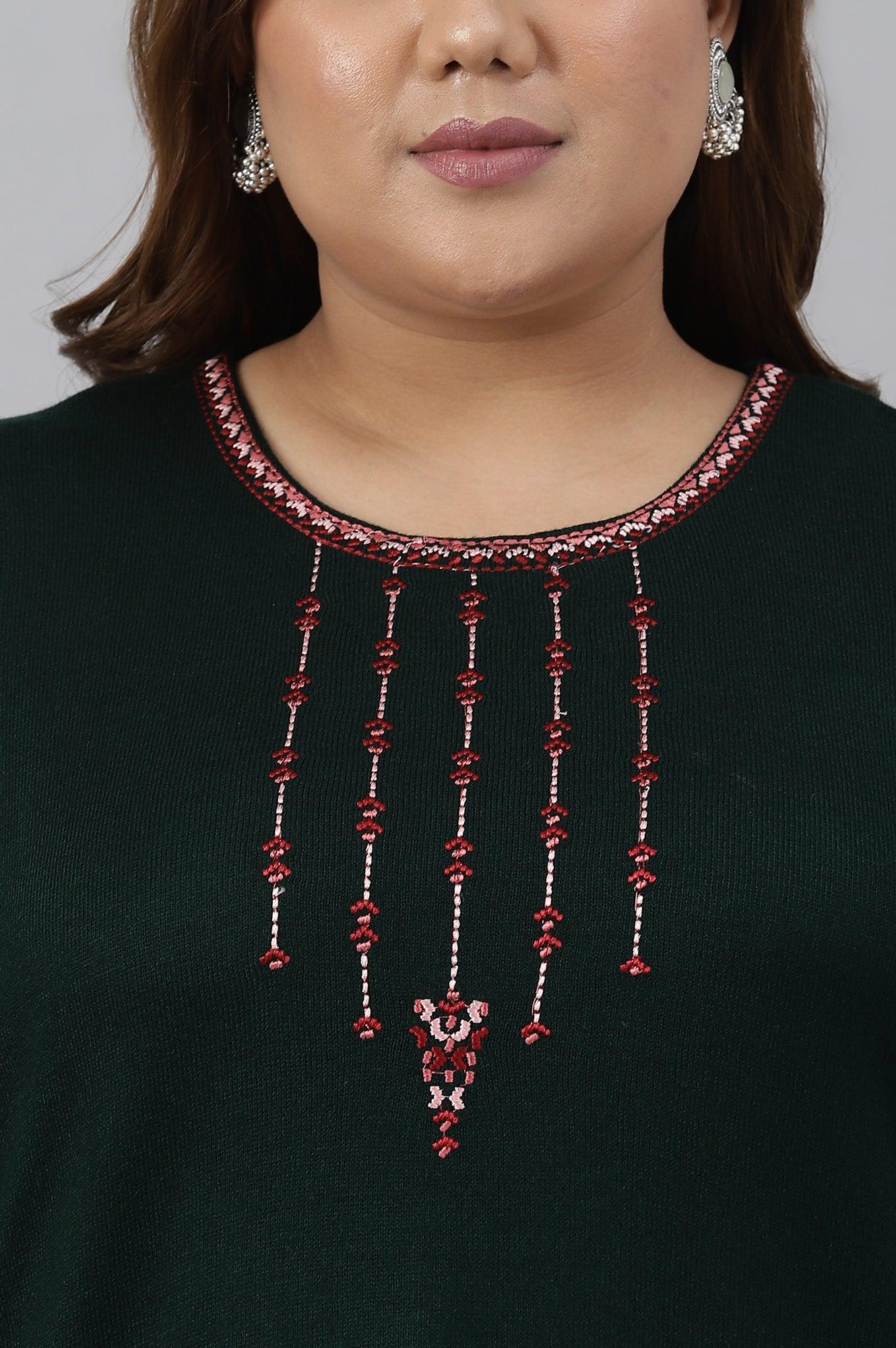 Dark Green Embroidered Plus Size Winter kurta - wforwoman