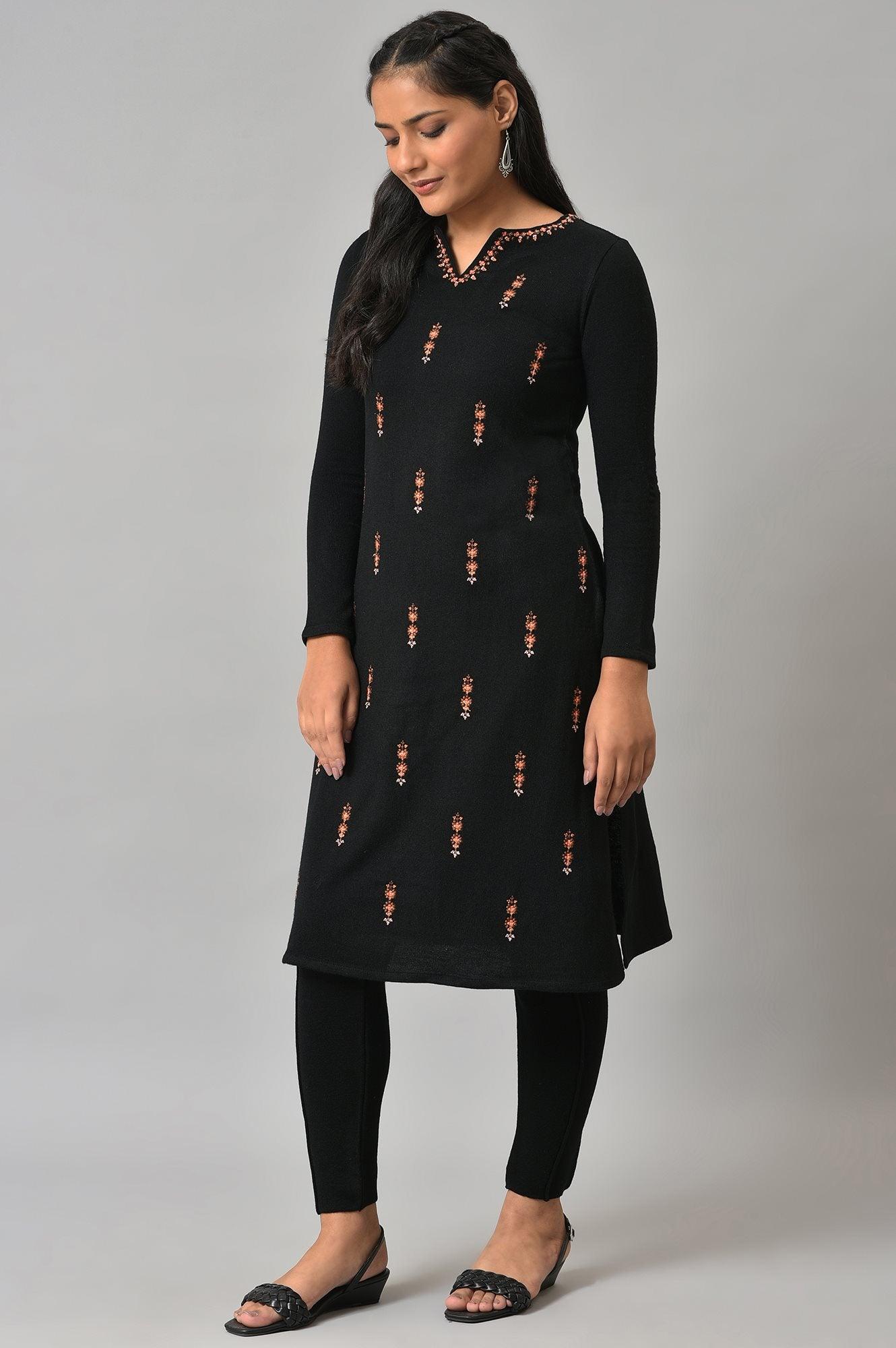 Black Acrylic Embroidered Winter kurta - wforwoman