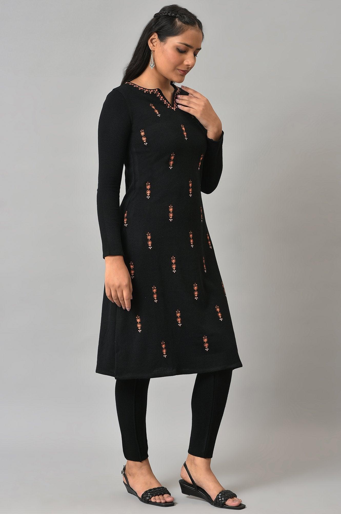 Black Acrylic Embroidered Winter kurta - wforwoman