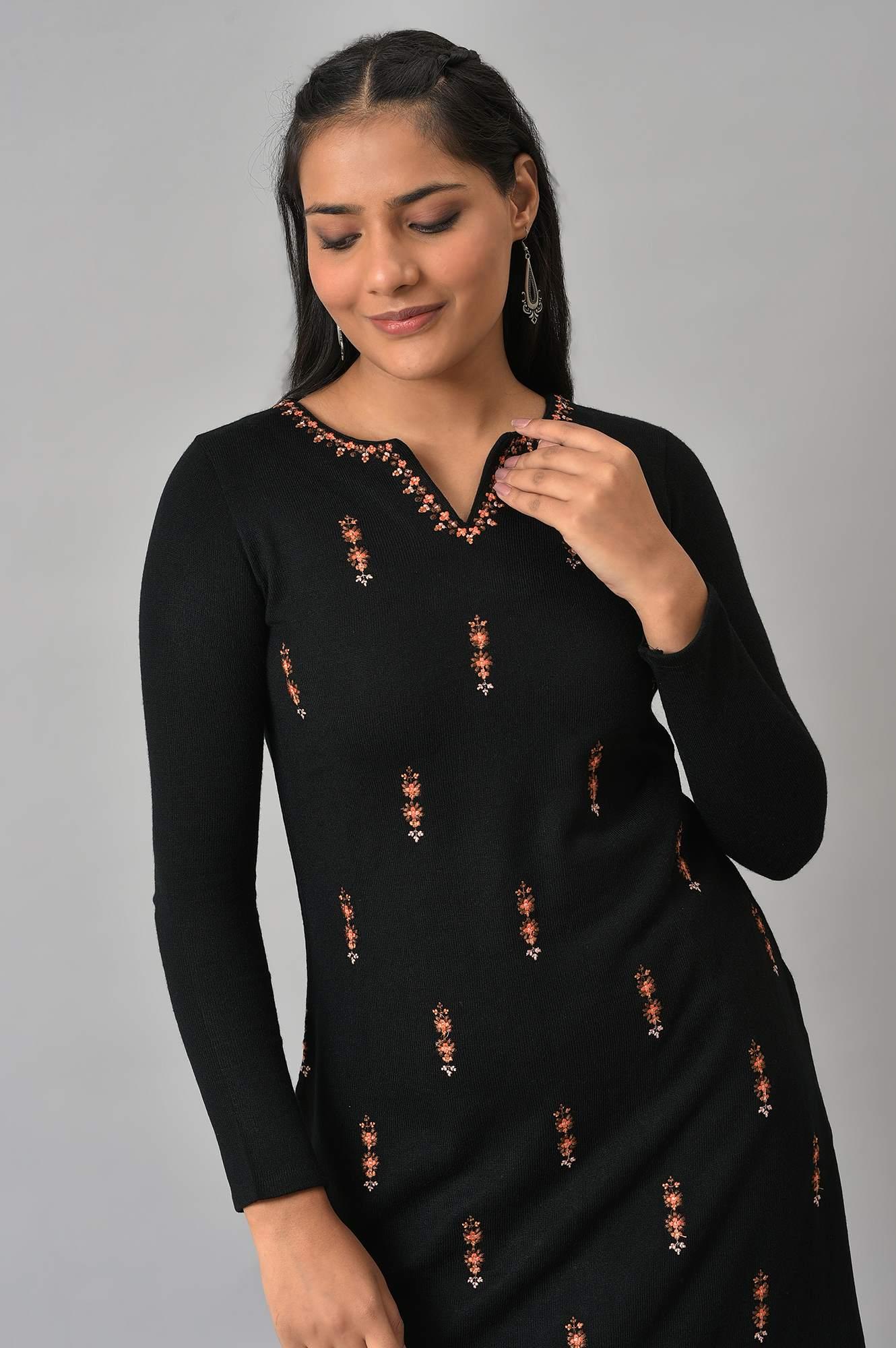 Black Acrylic Embroidered Winter kurta - wforwoman